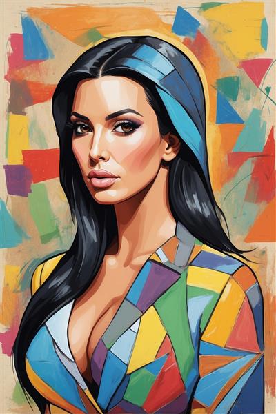 تصویر کیم کارداشیان با لباس هندسی رنگارنگ