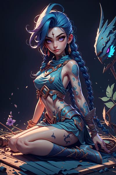 تصویر جینکس فانتزی نشسته با تتوهای روی بدن