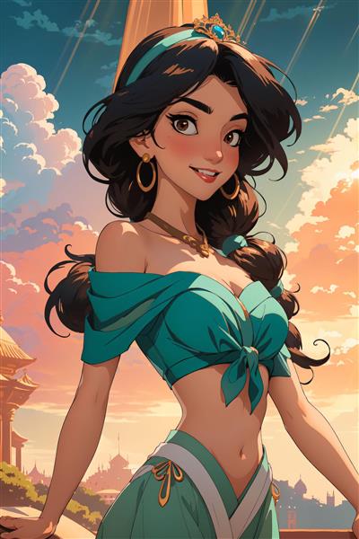 طرح شاهزاده یاسمین کارتونی با موهای مشکی در غروب