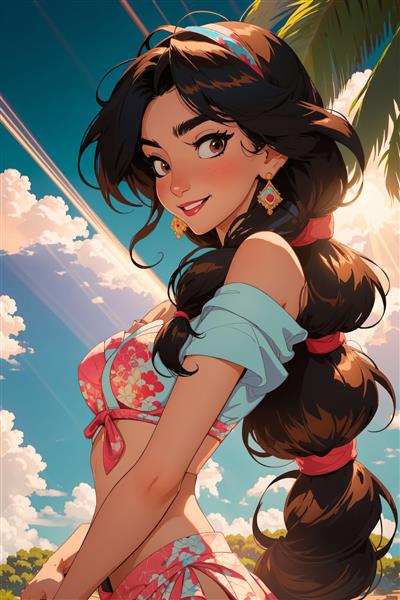 عکس پرنسس جاسمین فانتزی با لباس ساحلی گل‌دار