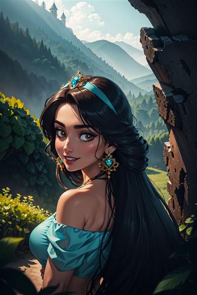 تصویر پرنسس جاسمین فانتزی در منظره کوهستان مه‌آلود