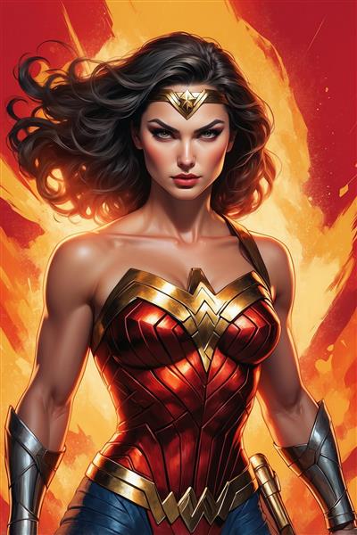 تصویر واندر وومن فانتزی با نگاه مصمم و زره