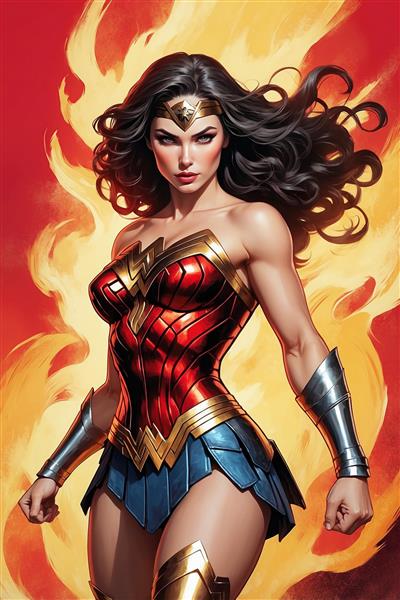 عکس واندر وومن در میان شعله‌های آتش با استایل سینمایی
