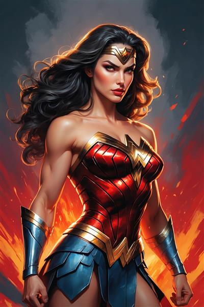 تصویر واندر وومن قدرتمند با پس‌زمینه آتشین و حماسی