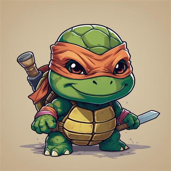 تصویر لاک‌پشت نینجا میکل‌آنژ کوچک با شمشیر