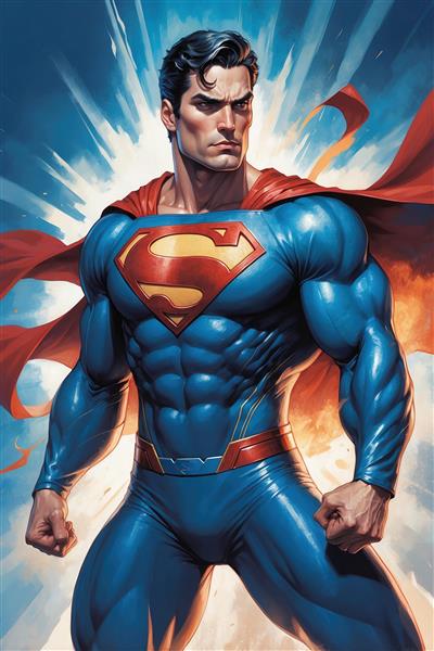 طرح گرافیکی سوپرمن با عضلات برجسته و پس‌زمینه روشن