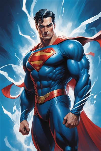 تصویر سوپرمن با سبک کمیک و هاله انرژی آبی
