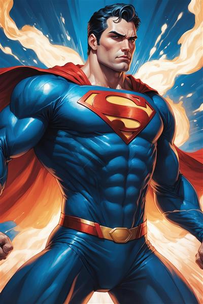 طرح کلوزآپ سوپرمن عضلانی با پس‌زمینه ابری و باکیفیت