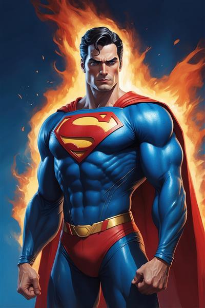 تصویر سوپرمن با پس‌زمینه آتشین و چهره جدی باکیفیت