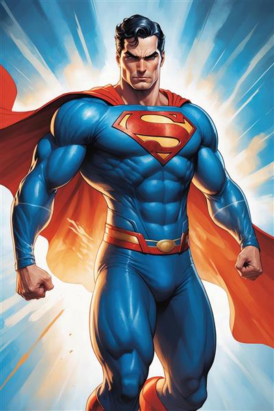 طرح سوپرمن ایستاده در آسمان با نور درخشان و باکیفیت