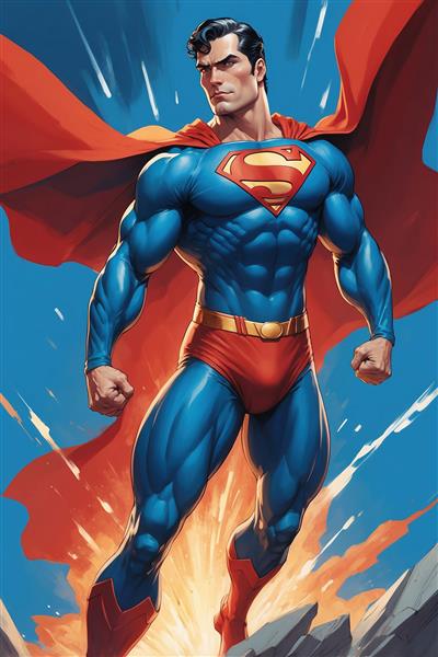تصویر سوپرمن فانتزی با شنل بلند در آسمان آبی باکیفیت