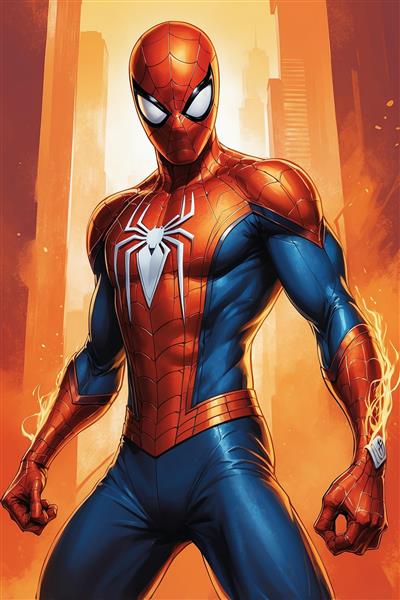 تصویر اسپایدرمن فانتزی در پس‌زمینه شهر با نور گرم