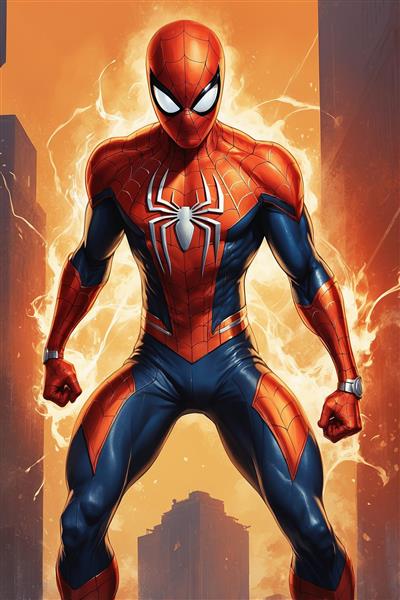 تصویر مرد عنکبوتی کارتونی ایستاده در میان ساختمان‌ها باکیفیت
