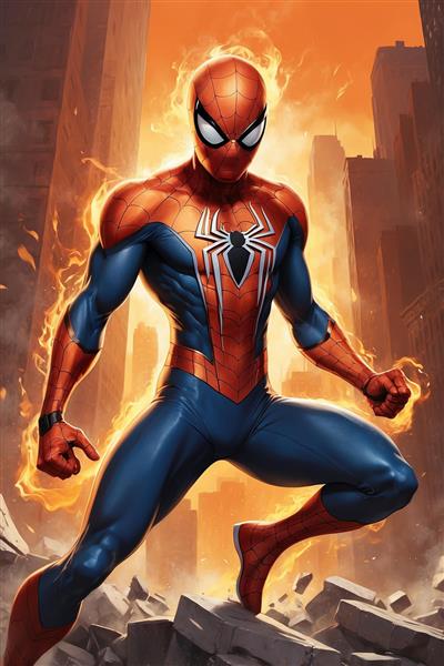 عکس مرد عنکبوتی فانتزی روی ویرانه‌های شهر باکیفیت