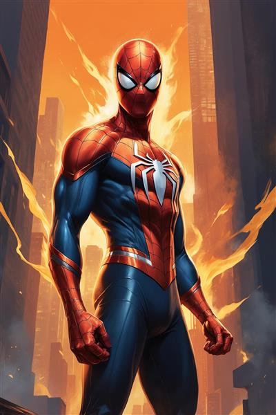 تصویر مرد عنکبوتی فانتزی ایستاده در شهر شعله‌ور