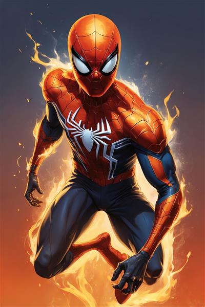 تصویر مرد عنکبوتی با هاله آتشین و استایل فانتزی