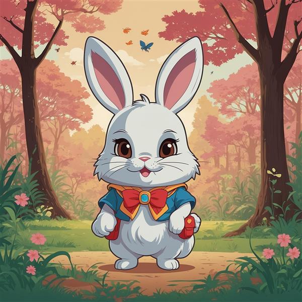 تصویر خرگوش سفید کارتونی در جنگل پاییزی با پاپیون