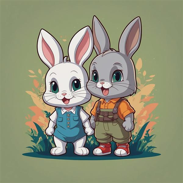 طرح کارتونی دو خرگوش بامزه فانتزی با لباس رنگی