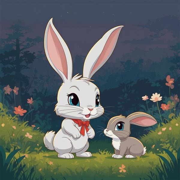 طرح خرگوش مادر و فرزند در جنگل شبانه