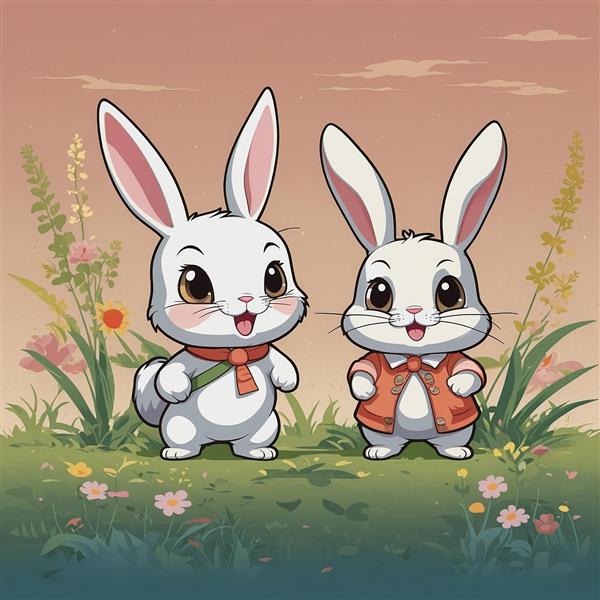 عکس دو خرگوش کارتونی شاد در چمنزار