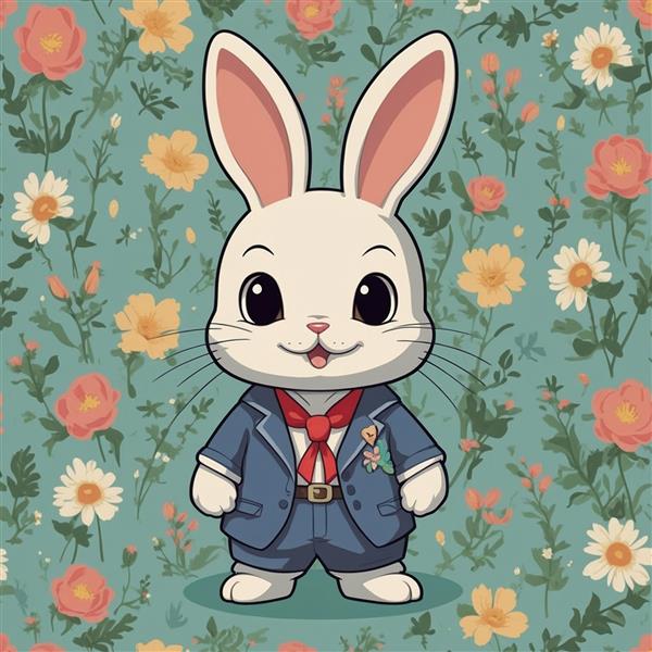تصویر خرگوش فانتزی با کت‌وشلوار در زمینه گل‌دار