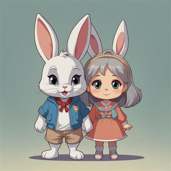طرح خرگوش فانتزی در کنار دختربچه کارتونی