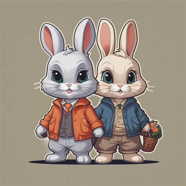 طرح دو خرگوش فانتزی با لباس رسمی و سبد سبزیجات