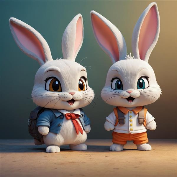 تصویر سه بعدی خرگوش‌های کارتونی با لباس و کوله