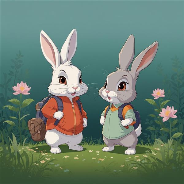 طرح خرگوش‌های ماجراجو با کوله‌پشتی در دشت گل