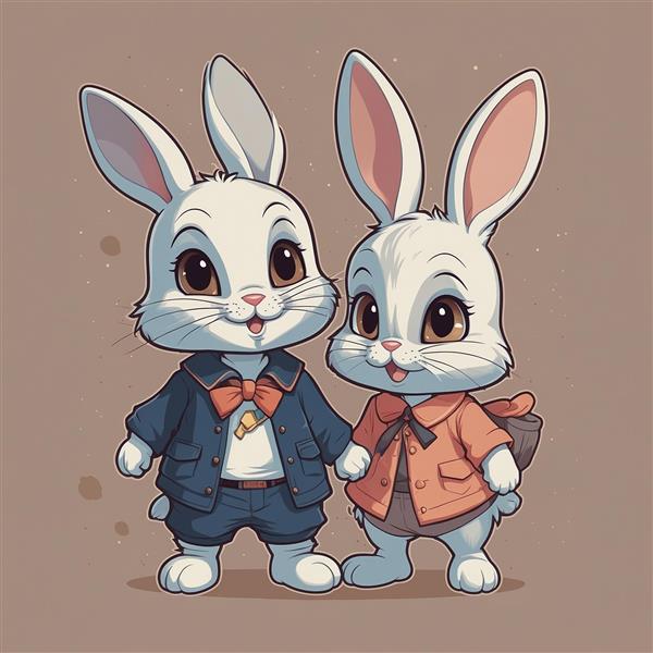 طرح دو خرگوش کارتونی با لباس‌های سرمه‌ای و صورتی