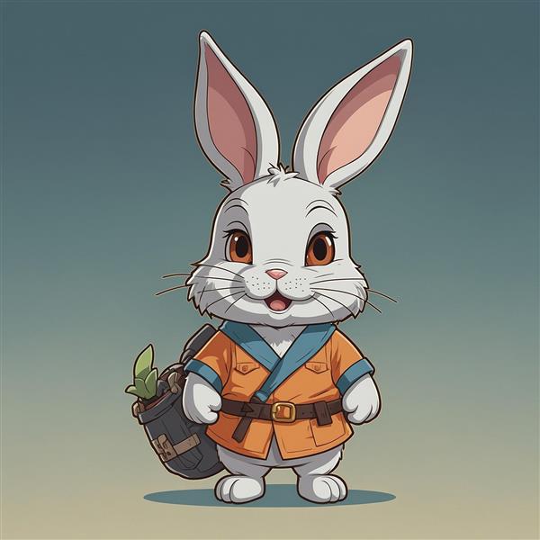 طرح خرگوش فانتزی ماجراجو با کوله‌پشتی و لباس نارنجی