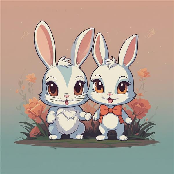 عکس خرگوش‌های کارتونی عاشقانه در دشت گل سرخ