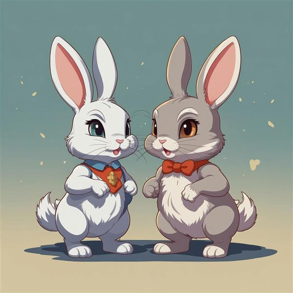 تصویر دو خرگوش فانتزی خندان با دستمال گردن