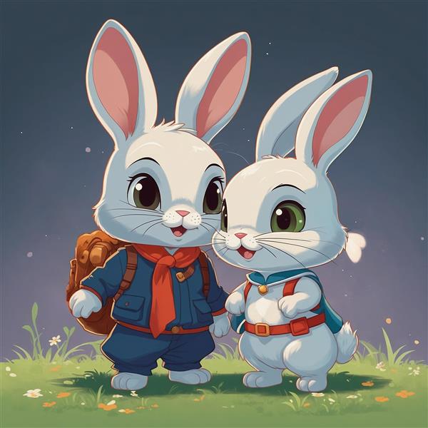 طرح خرگوش‌های کارتونی با کوله‌پشتی در چمنزار شبانه