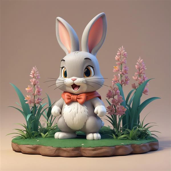 تصویر خرگوش فانتزی طوسی با پاپیون در میان گل‌ها