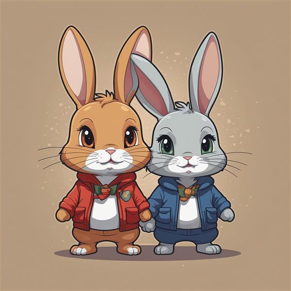 عکس دو خرگوش فانتزی با هودی‌های قرمز و سرمه‌ای