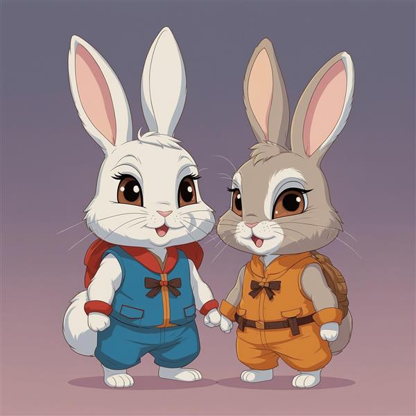 طرح دو خرگوش کارتونی فانتزی با لباس‌های رنگی