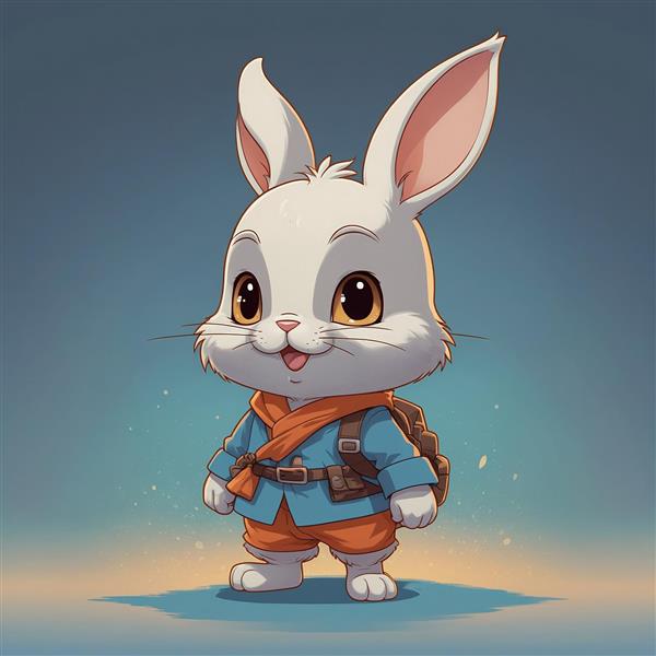 طرح خرگوش سفید کارتونی با لباس آبی و کوله‌پشتی قهوه‌ای