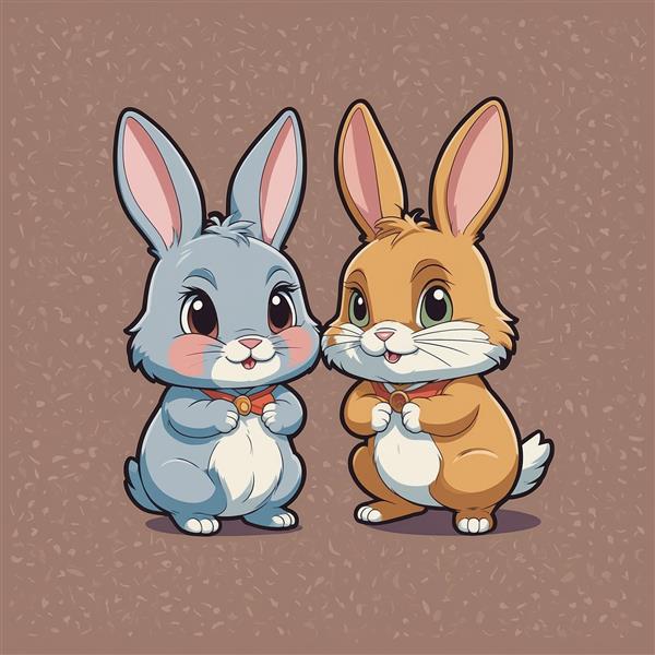 تصویر زوج خرگوش کارتونی طوسی و قهوه‌ای با پاپیون