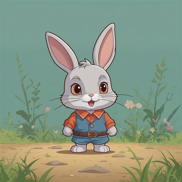 عکس خرگوش کارتونی با لباس آبی و نارنجی در مسیر طبیعت