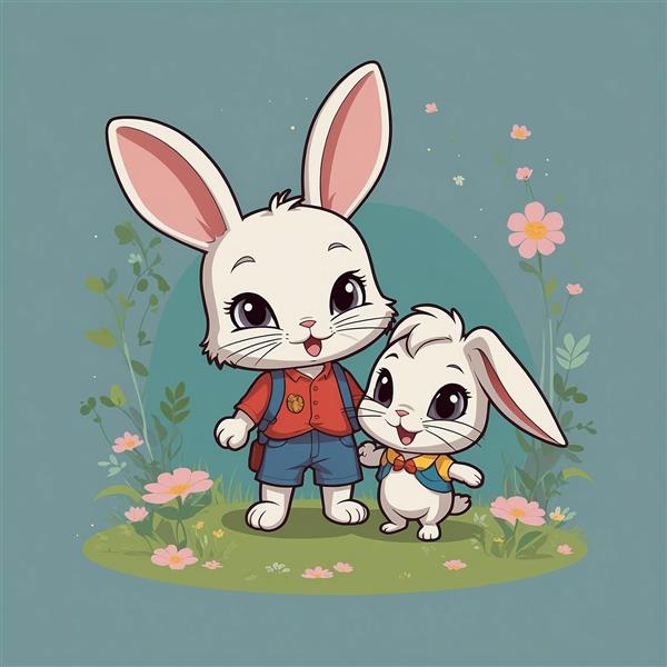 تصویر دو خرگوش فانتزی مادر و فرزند در باغ گل