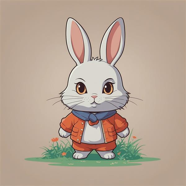 طرح خرگوش سفید کارتونی با ژاکت نارنجی و شال‌گردن آبی