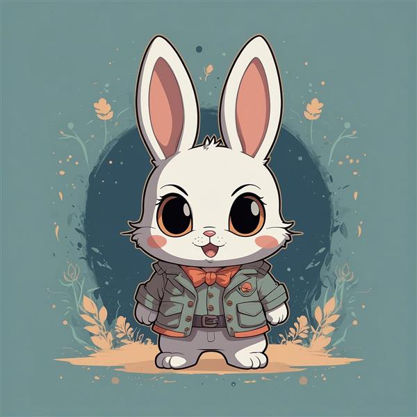 تصویر خرگوش سفید فانتزی با لباس سبز و پاپیون در طبیعت