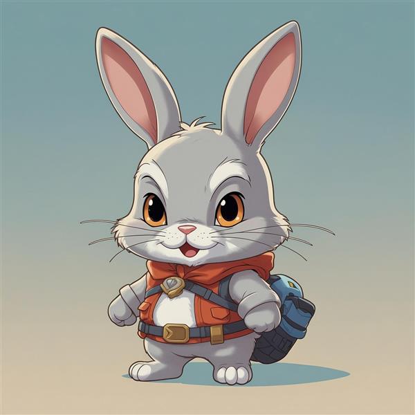 طرح خرگوش کارتونی ماجراجو با کوله‌پشتی و لباس نارنجی