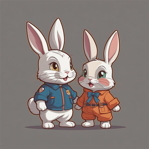 تصویر دو خرگوش کارتونی سفید با لباس‌های ست