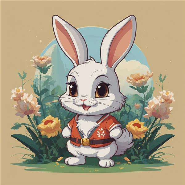 طرح خرگوش فانتزی سفید در میان گل‌های رنگی