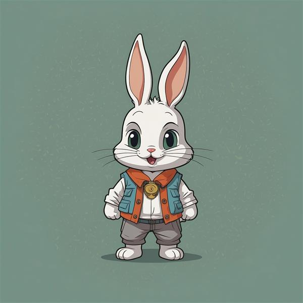 طرح خرگوش سفید کارتونی با جلیقه و مدال باکیفیت