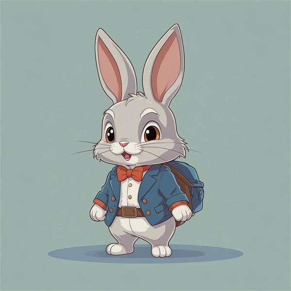 طرح خرگوش کارتونی باکیفیت با لباس آبی و کوله‌پشتی