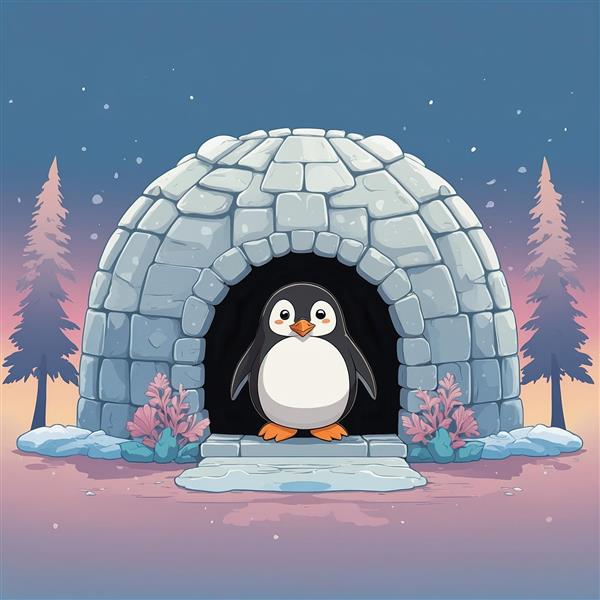 تصویر پنگوئن مینیمال داخل ایگلو در منظره شبانه و کاج‌ها