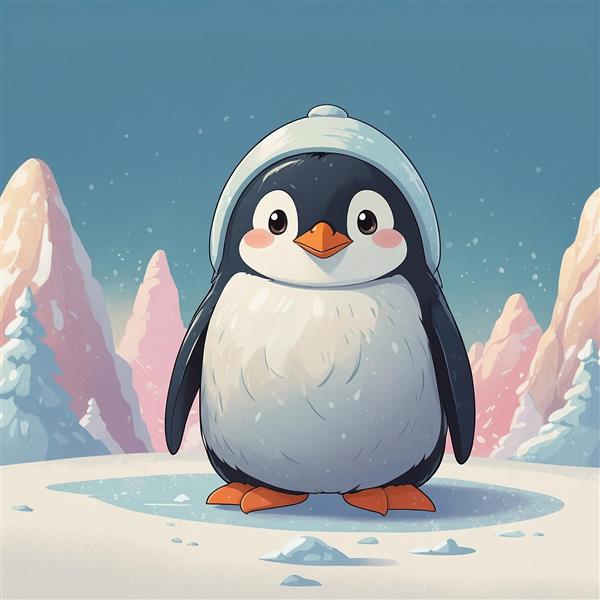 تصویر پنگوئن مینیمال با کلاه سفید در منظره کوهستانی
